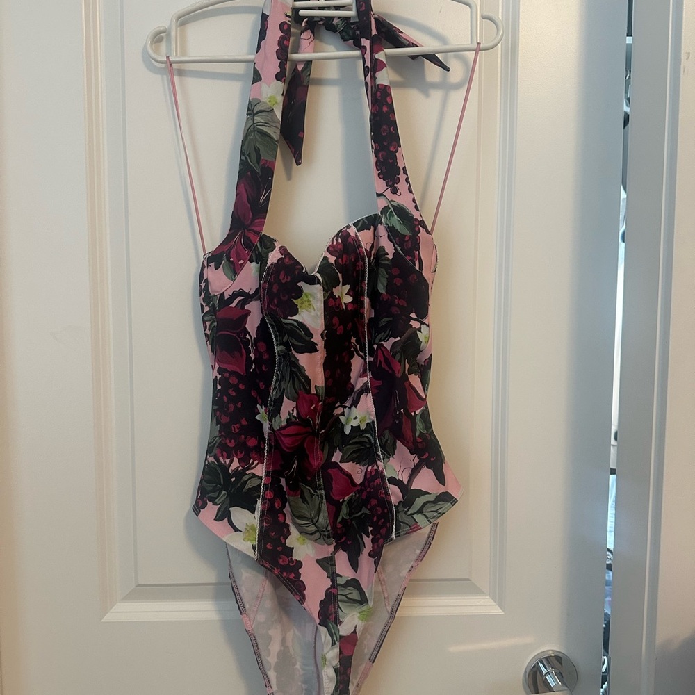 Zara Floral Halter One-Piece Bodysuit in Pink and Black